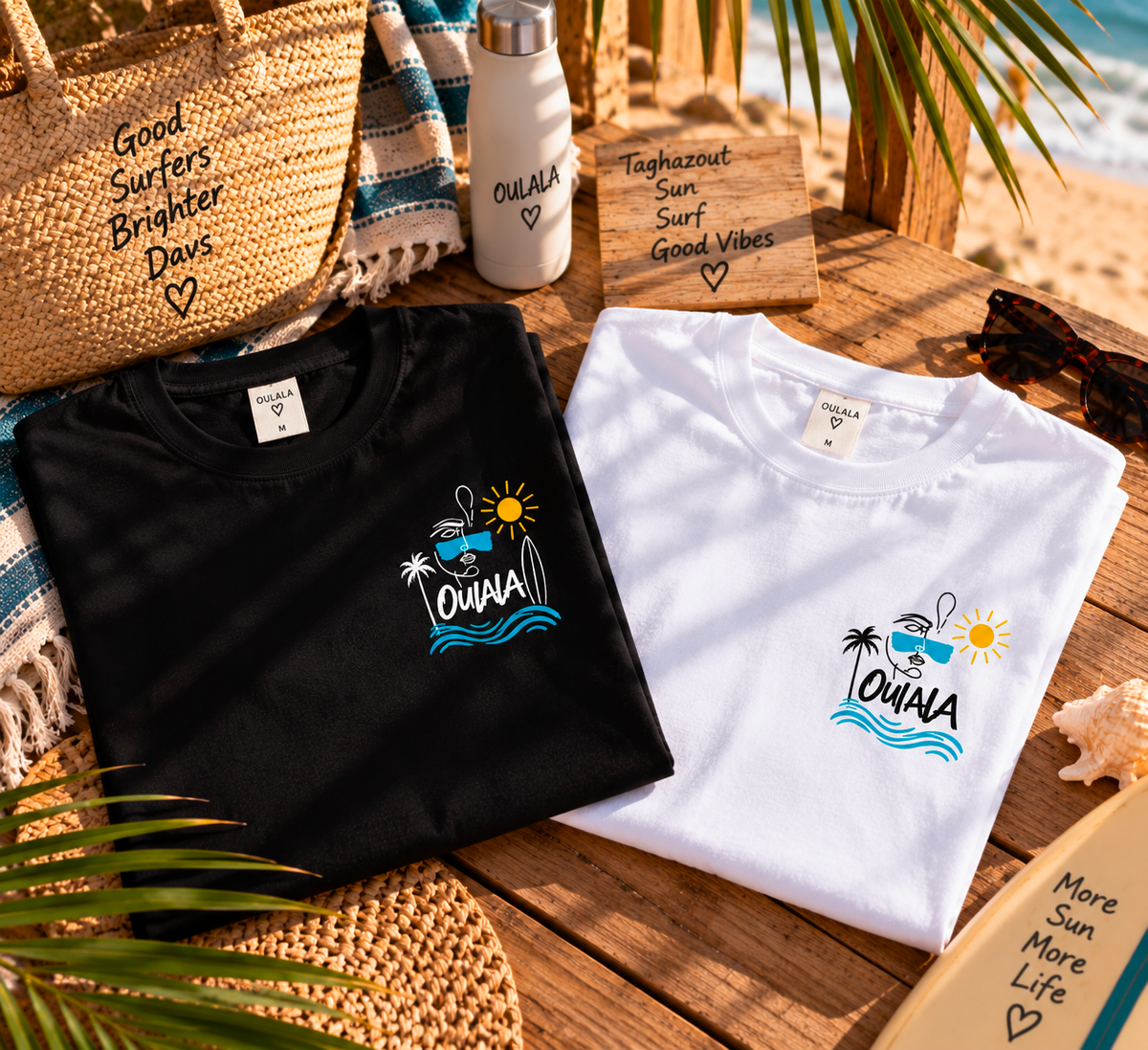 Oulala limited edition beach t-shirt — flat lay of the front and back print, made for beach days and surf sessions