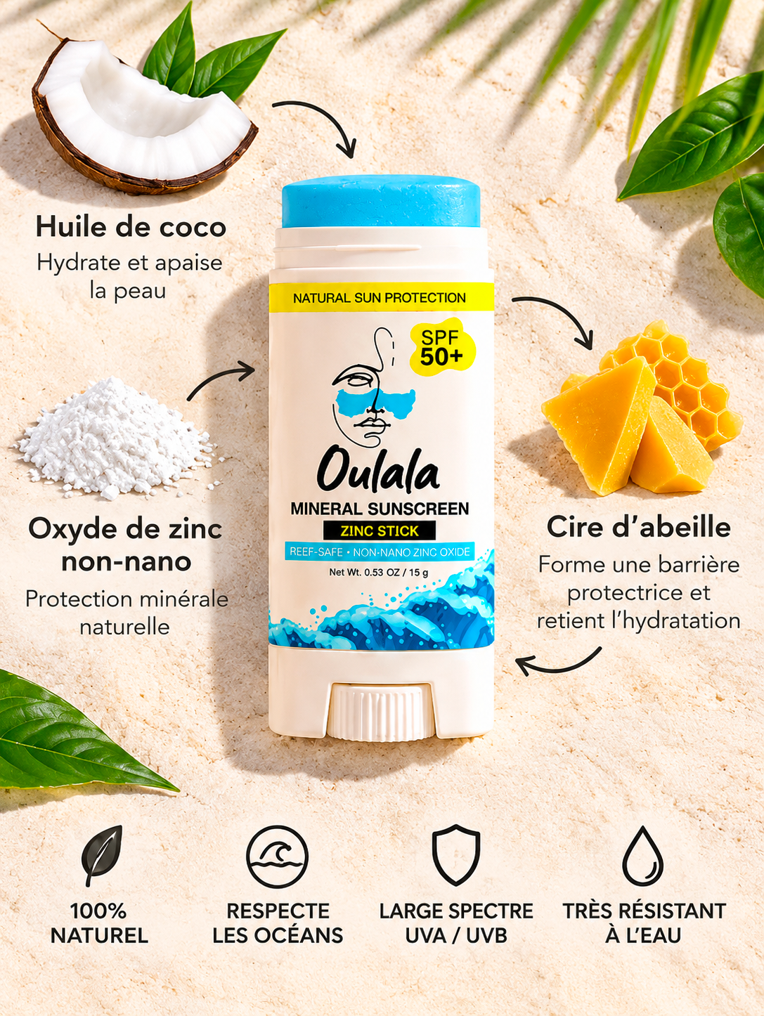 Oulala Mineral Sunscreen Zinc Stick SPF 50+ — close-up of the non-nano mineral zinc sunscreen stick