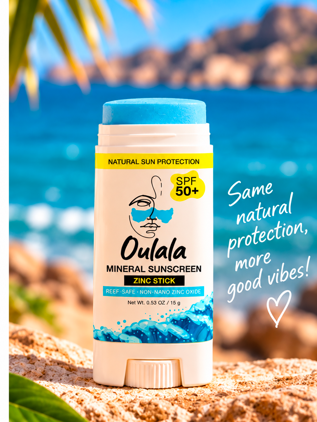 Oulala Mineral Sunscreen Zinc Stick SPF 50+ — beach and surf lifestyle shot in Tamraght, Morocco