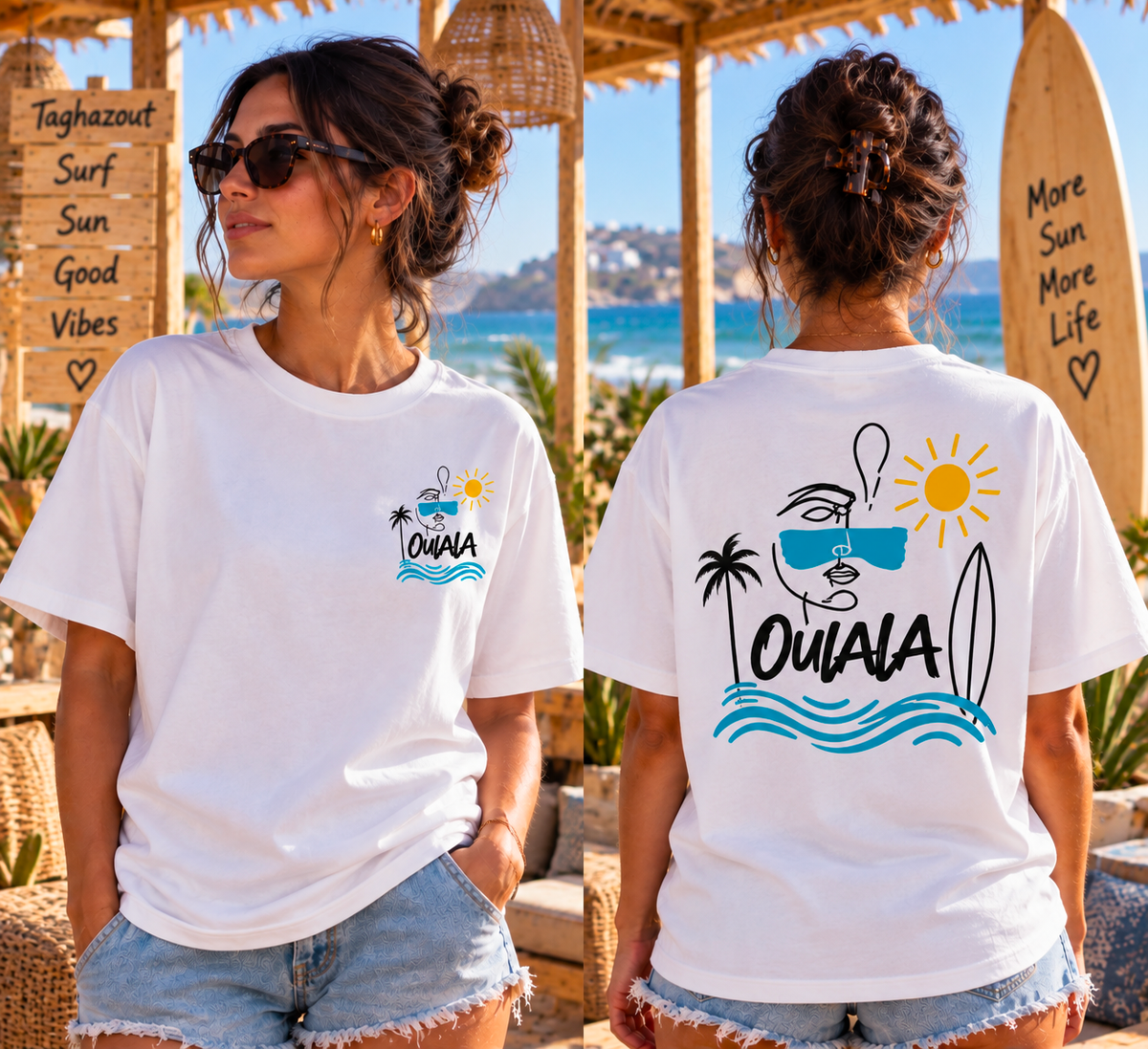 Oulala limited edition oversized beach t-shirt in white — front view with palm tree, waves and sunglasses line-art print