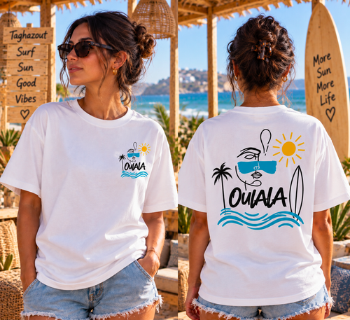 Oulala limited edition oversized beach t-shirt in white — front view with palm tree, waves and sunglasses line-art print
