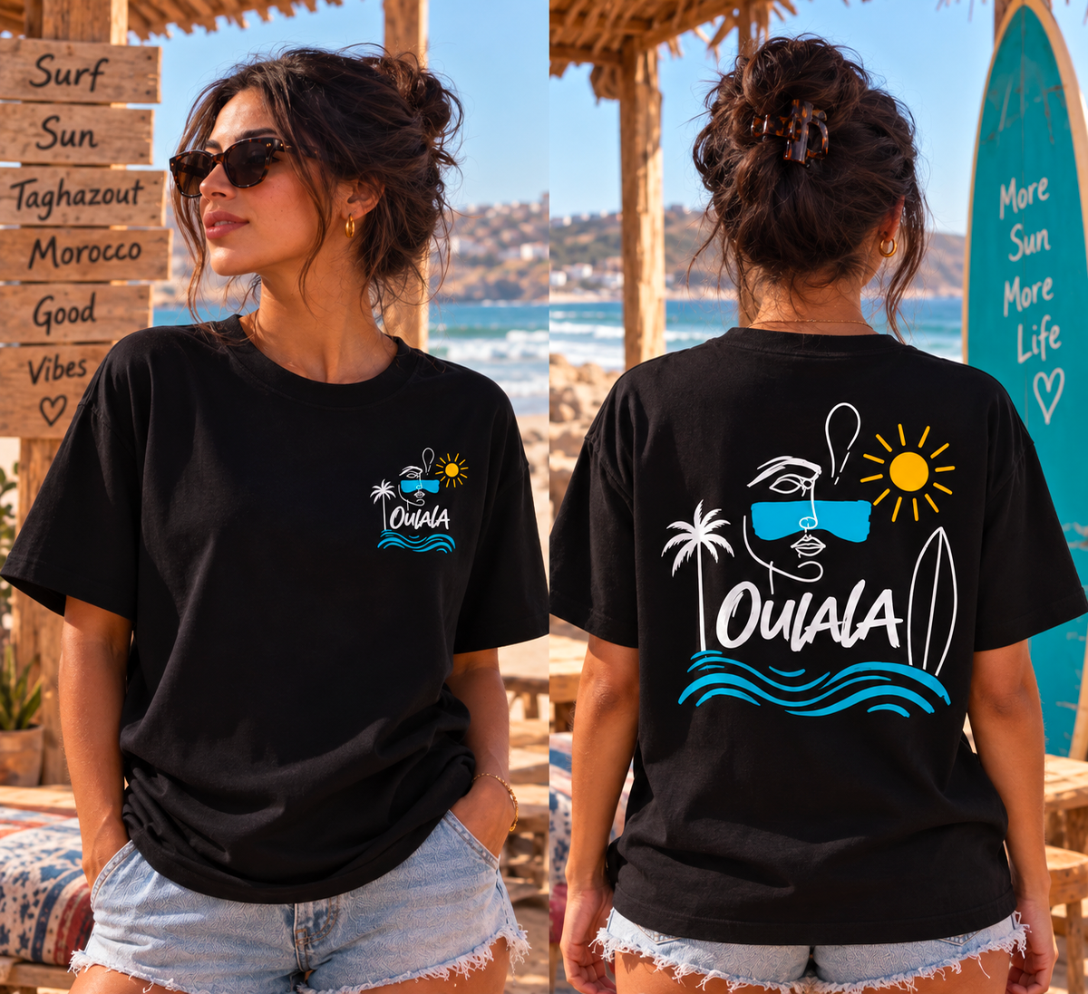 Oulala limited edition oversized beach t-shirt in black — front view with palm tree, waves and sunglasses line-art print
