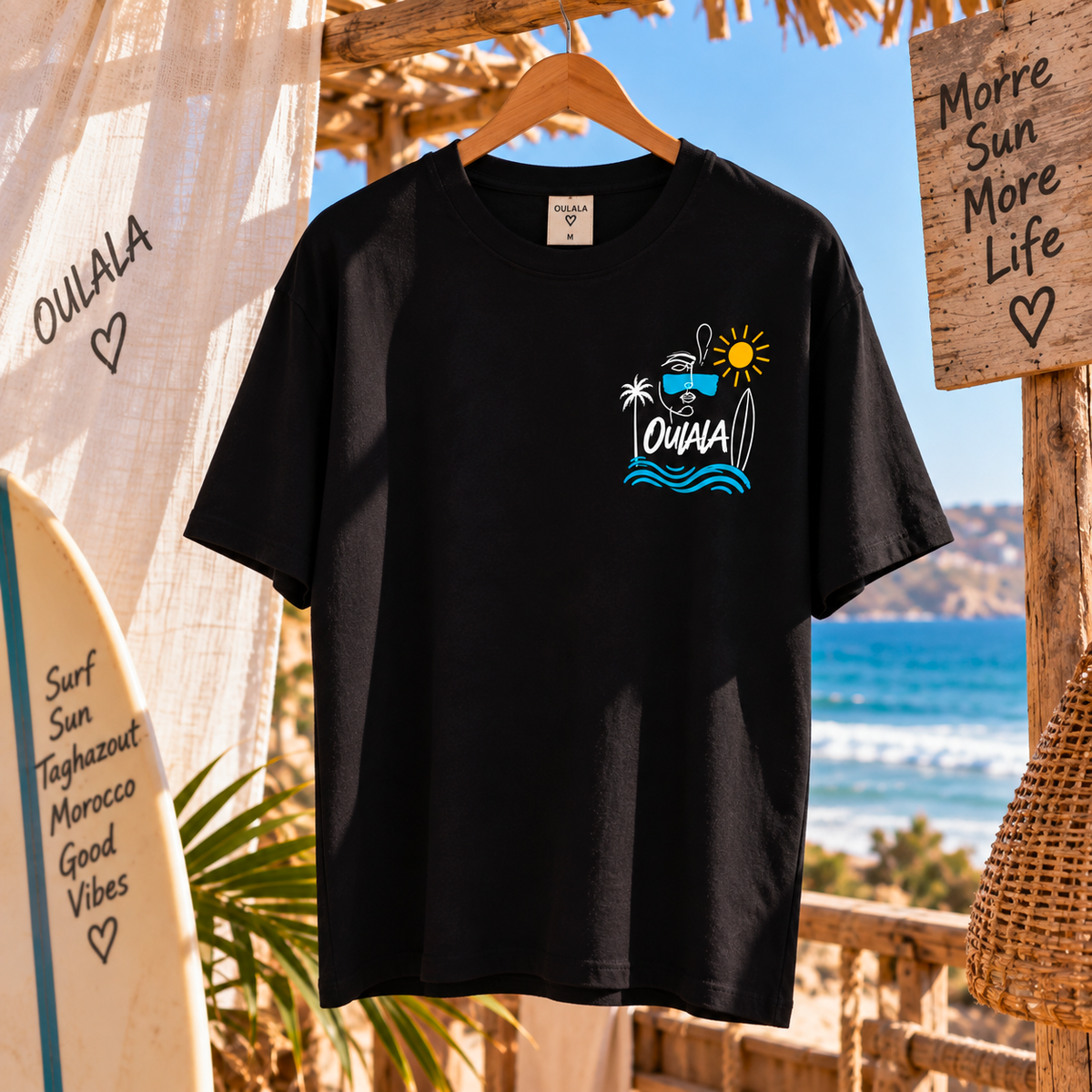 Oulala limited edition beach t-shirt — close-up detail of the palm tree, sunglasses and waves line-art print