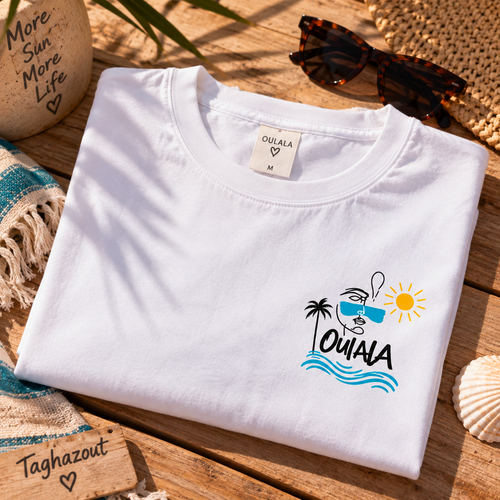 Oulala limited edition beach t-shirt — detail of the soft, breathable cotton fabric and relaxed oversized fit