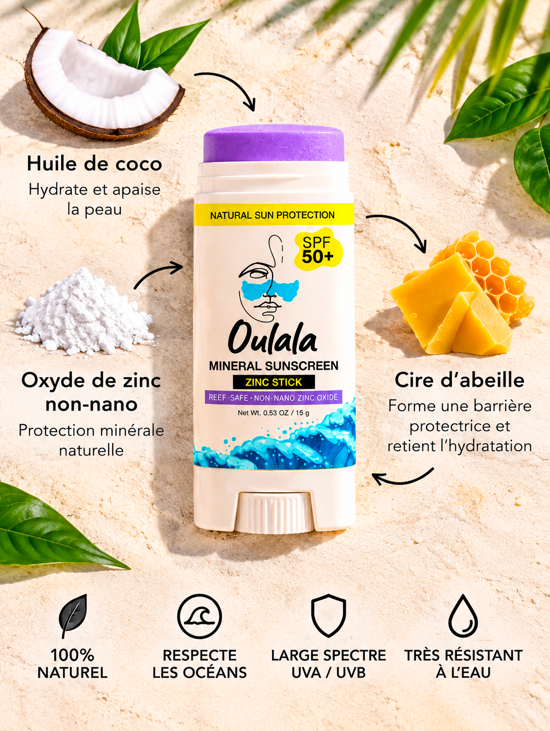 Oulala Mineral Sunscreen Zinc Stick SPF 50+ — natural mineral SPF 50 formula for face and body, made in Morocco